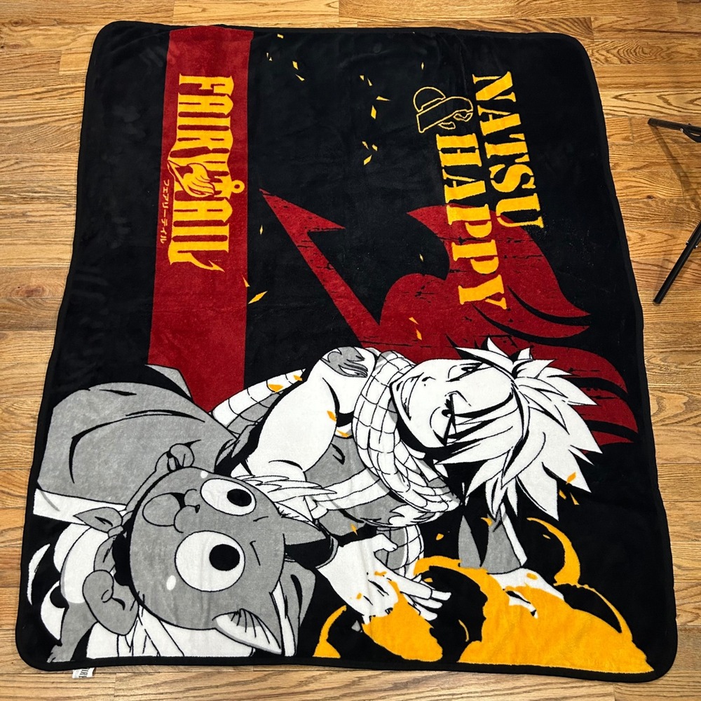 Fairy Tail Natsu and Happy Fleece Throw Blanket Anime Funimation 46x60 Black Red